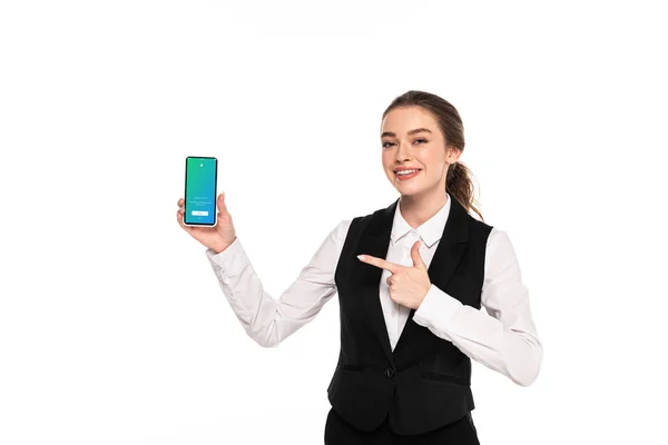 Kyiv Ukraine April 2019 Happy Young Waitress Pointing Finger Twitter — Stock Photo, Image