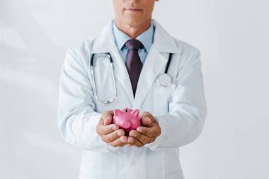 Beyaz elinde pembe domuzcuk tutan Doktor kırpılmış görünümü 