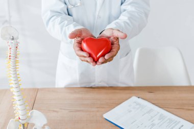 Tablo yakın ellerde kırmızı kalp modeli tutan Doktor kırpılmış görünümü 