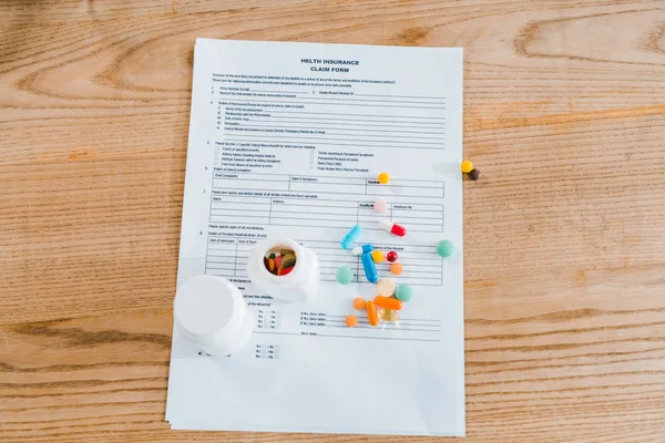 Top View Document Pills Wooden Table — Stock Photo, Image