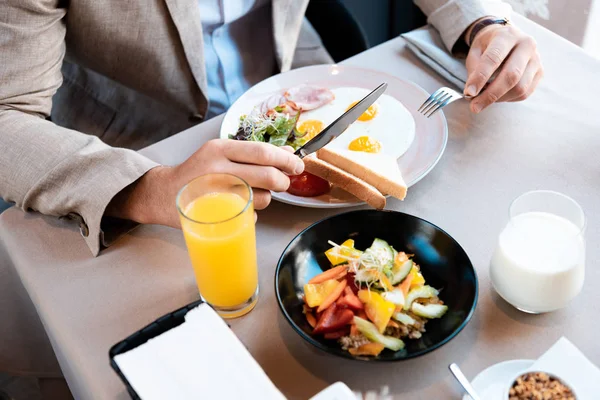 Cropped View Businessman Sitting Served Table Holding Knife Fork Cafe — Stock Photo, Image