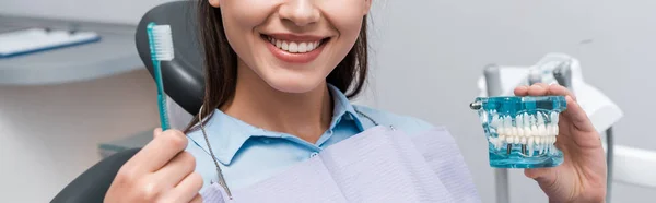 Panoramic Shot Woman Holding Toothbrush Teeth Model — Stock Photo, Image