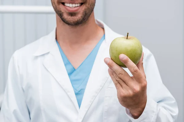 裁剪视图的快乐胡子男子拿着绿色和美味的苹果 — 图库照片
