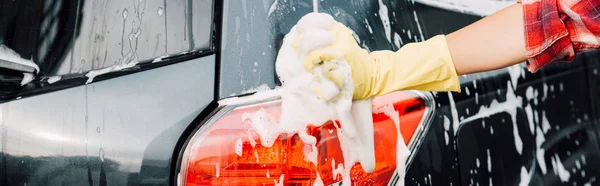 Panoramic Shot Girl Latex Glove Wet Car Foam — Stock Photo, Image