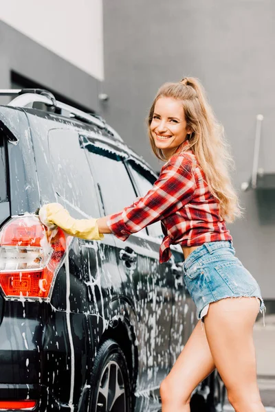 Happy Young Woman Washing Car Latex Gloves — Stock Photo, Image