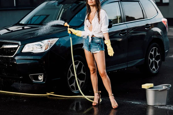 Cropped View Woman Holding Pressure Washer Black Car Bucket Sponge — Stock Photo, Image