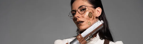 Panoramic Shot Attractive Steampunk Woman Makeup Holding Pistol Isolated Grey — Stock Photo, Image
