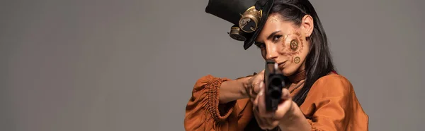 Panoramic Shot Focused Steampunk Woman Aiming Pistol Camera Isolated Grey — Stock Photo, Image