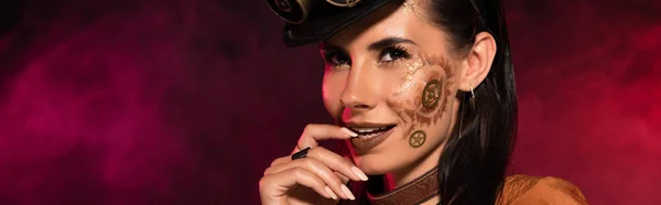 Panoramic Shot Smiling Steampunk Woman Makeup Pink Smoke — Stock Photo, Image