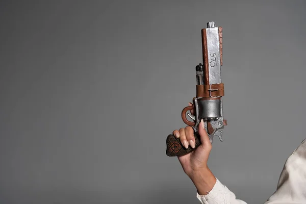 Cropped View Woman Holding Vintage Pistol Isolated Grey — Stock Photo, Image