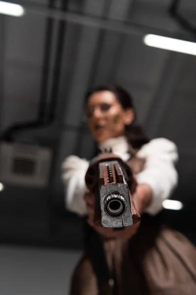 Selective Focus Confident Steampunk Woman Aiming Pistol Camera — Stock Photo, Image