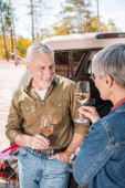 happy senior couple standing near car with wine glasses and looking at each other
