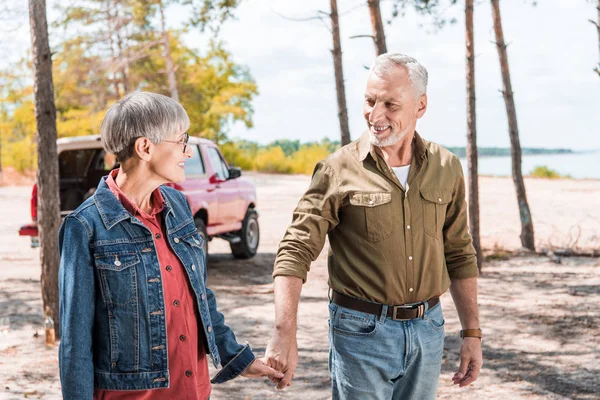 Feliz Sonriente Pareja Ancianos Tomados Mano Mirándose Uno Otro Cerca —  Fotos de Stock