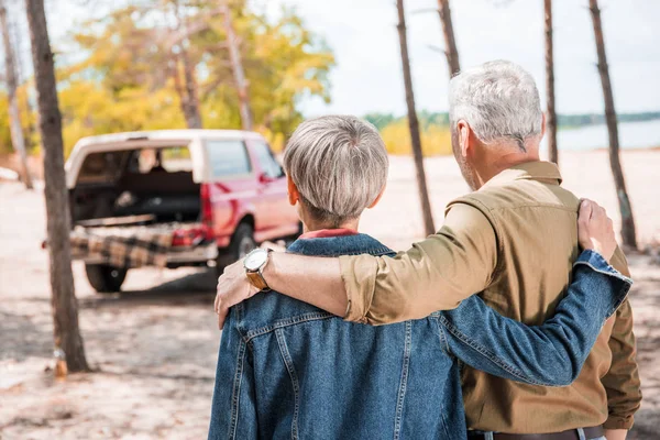 Widok Tyłu Senior Para Obejmując Lesie Słoneczny Dzień — Zdjęcie stockowe