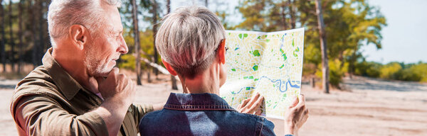 panoramic view of two senior travelers looking at map in forest