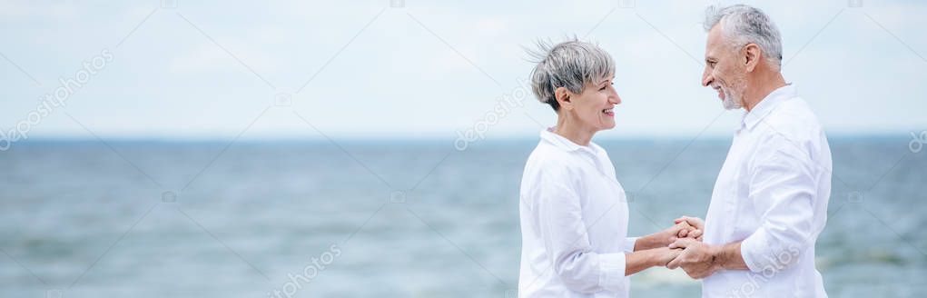 panoramic view of smiling senior couple holding hands and looking at each other near river under blue sky