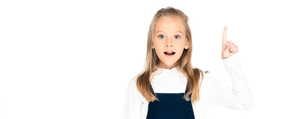 Panoramic Shot Cute Schoolgirl Pointing Finger While Looking Camera Isolated — Stock Photo, Image