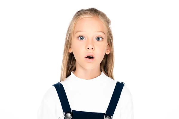 Beyaz Izole Kamera Bakarak Sevimli Şok Kız Öğrenci — Stok fotoğraf