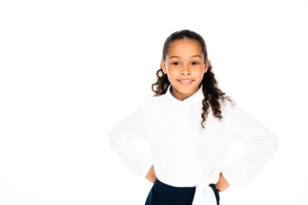 Adorable African American Schoolgirl Smiling Camera While Holding Hands Hips — Stock Photo, Image