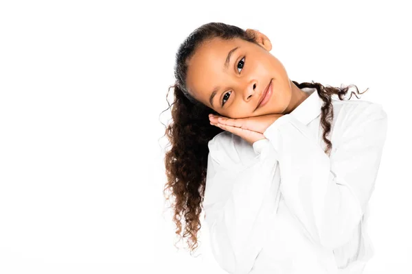 Tired African American Schoolgirl Smiling Camera Isolated White — Stock Photo, Image