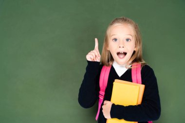 heyecanlı kız öğrenci kitap tutan ve yeşil tebeşir kurulu yakınında dururken fikir jest gösteren