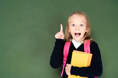 excited schoolgirl holding book and showing idea gesture while standing near green chalk board clipart