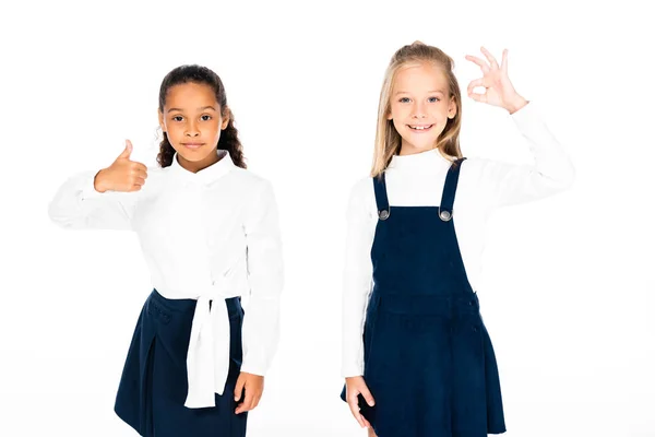 Cute African American Schoolgirl Showing Thumb Multicultural Friend Showing Gesture — Stock Photo, Image