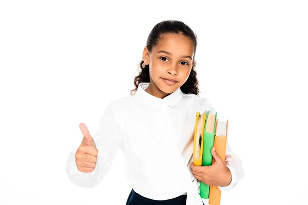 Adorable African American Schoolgirl Showing Thumb While Looking Camera Isolated — Stock Photo, Image