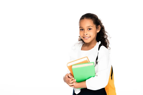 Lindo Alegre Afroamericano Colegiala Sosteniendo Libro Mirando Cámara Aislada Blanco — Foto de Stock