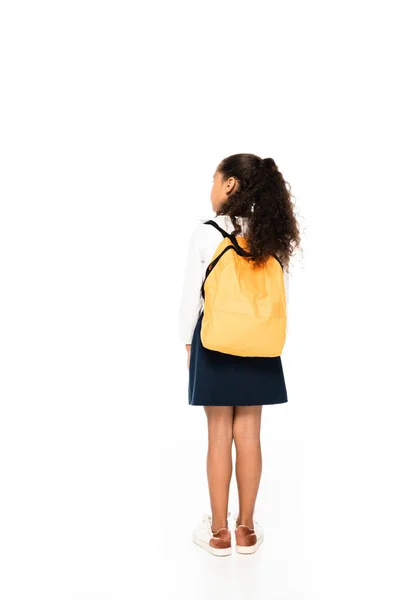 Вид Ззаду Афроамериканської Школярки Жовтим Рюкзаком Білому Тлі — стокове фото
