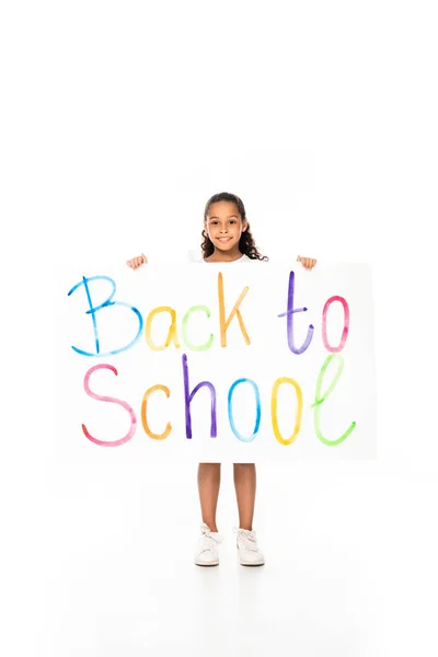 Cheerful African American Schoolgirl Holding Placard Back School Inscription White — Stock Photo, Image