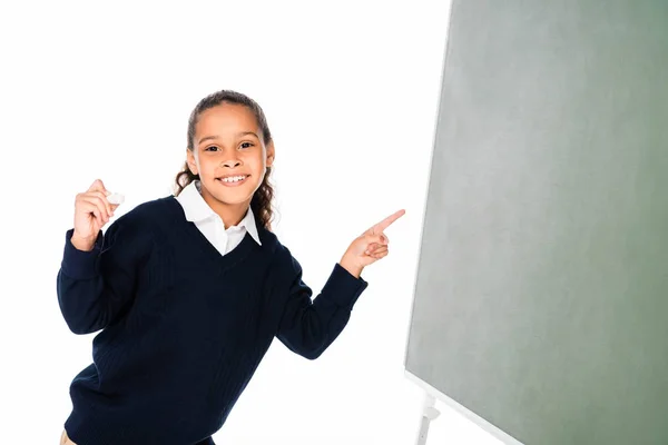 Cheerful African American Schoolgirl Pointing Finger Green Chalkboard Isolated White — Stock Photo, Image