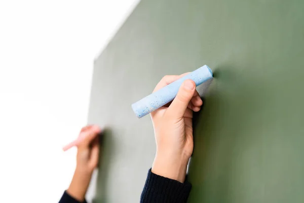 Parftial View Two Multicultural Schoolgirls Writing Chalkboard Isolated White — Stock Photo, Image