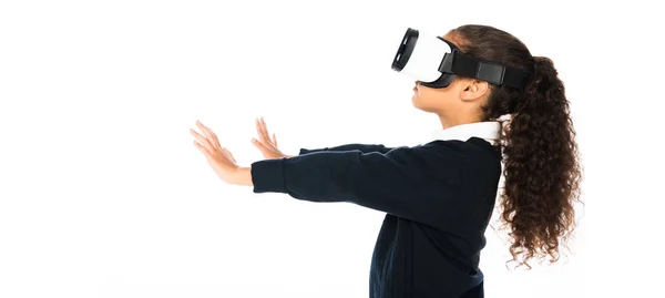 Panoramic Shot African American Schoolgirl Using Virtual Reality Headset Isolated — Stock Photo, Image