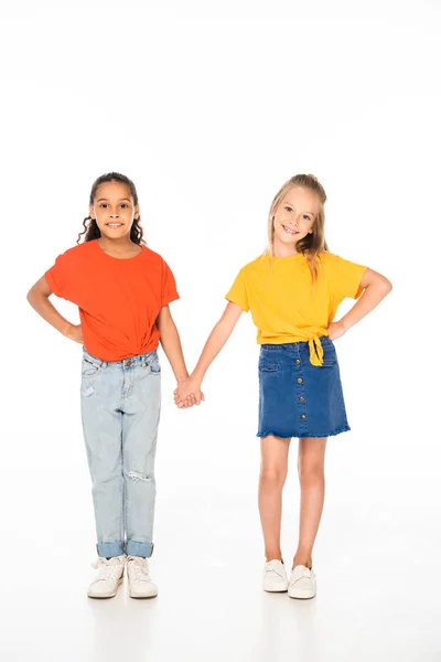 Full Length View Two Cheerful Multicultural Friends Holding Hands While — Stock Photo, Image