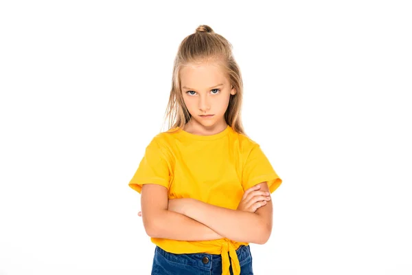 Niño Disgustado Mirando Cámara Mientras Está Pie Con Los Brazos — Foto de Stock