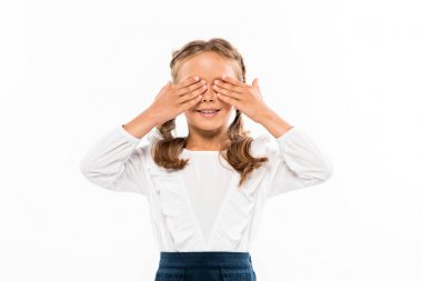 happy kid covering eyes with hands isolated on white clipart