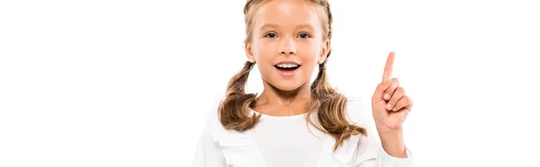 Tiro Panorâmico Criança Feliz Tendo Ideia Isolada Branco — Fotografia de Stock
