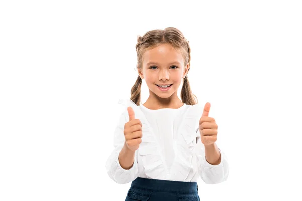 Cheerful Kid Showing Thumbs Isolated White — Stock Photo, Image