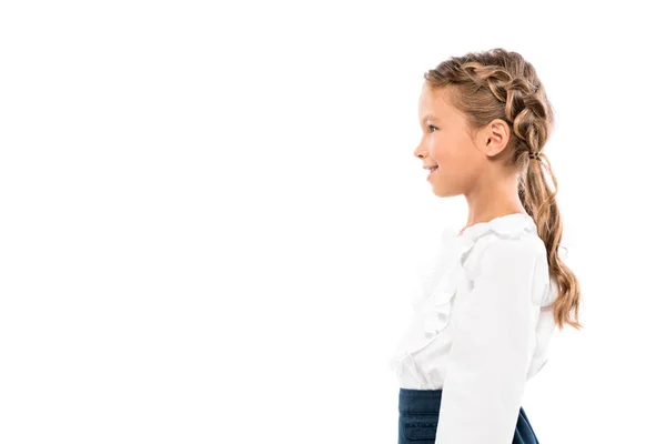 Side View Cheerful Kid Smiling Isolated White — Stock Photo, Image