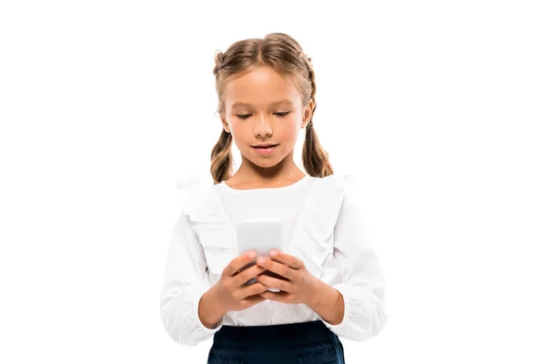 可爱的孩子使用智能手机隔离在白色 — 图库照片