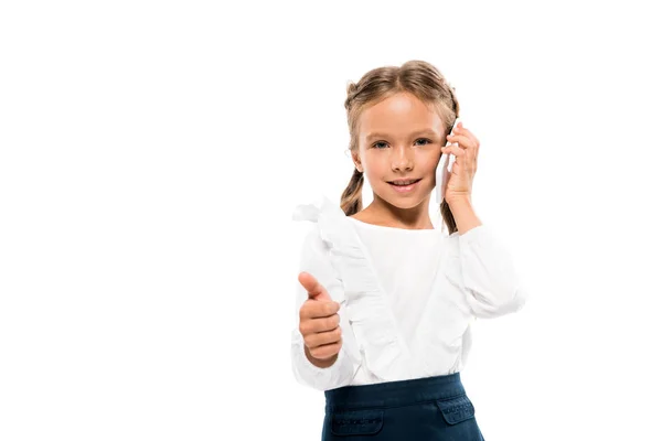 Happy Kid Showing Thumb While Talking Smartphone Isolated White — Stock Photo, Image