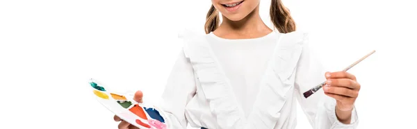 Panoramabild Positiva Kid Holding Färgglada Akvarell Palett Isolerade Vitt — Stockfoto