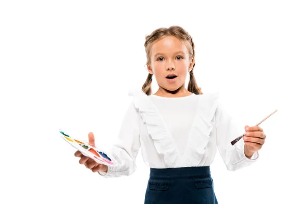 Surprised Kid Holding Colorful Watercolor Palette Isolated White — Stock Photo, Image