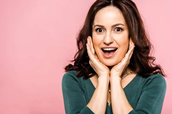 Attractive Excited Woman Touching Face Isolated Pink — Stock Photo, Image