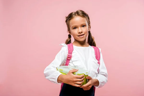 Happy Kid Holding Lunch Box Smiling Pink — Stock Photo, Image