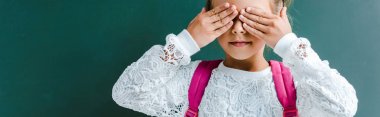 panoramic shot of cute kid covering eyes with hands on green  clipart