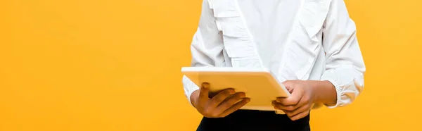 Panoramic Shot Schoolchild Holding Book Isolated Orange — Stock Photo, Image