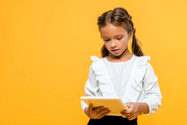 Cute Schoolchild Backpack Holding Book Isolated Orange — Stock Photo, Image