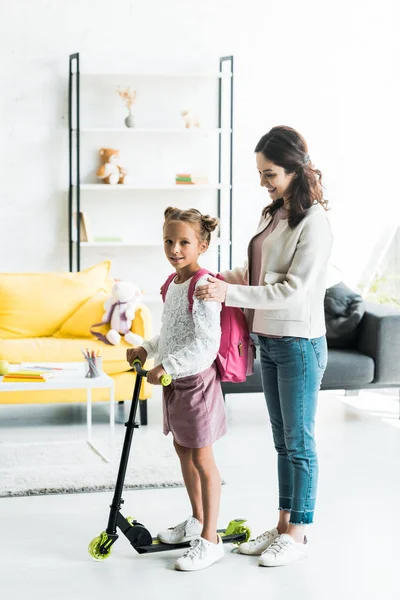 Attractive Mother Standing Cute Daughter Kick Scooter — Stock Photo, Image